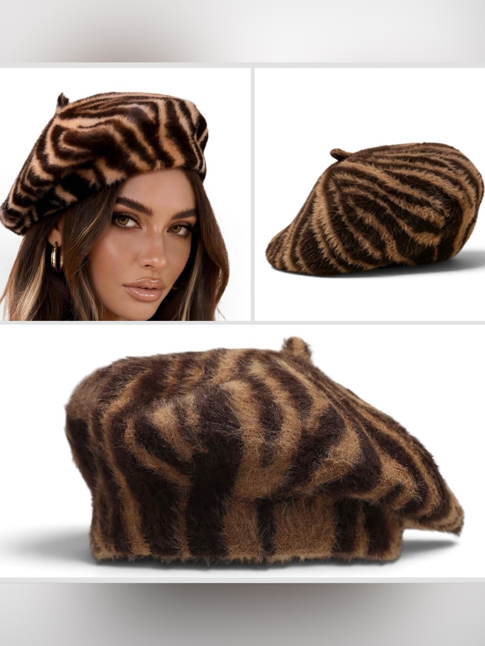 Brown Zebra-Stripe Faux Fur Beret